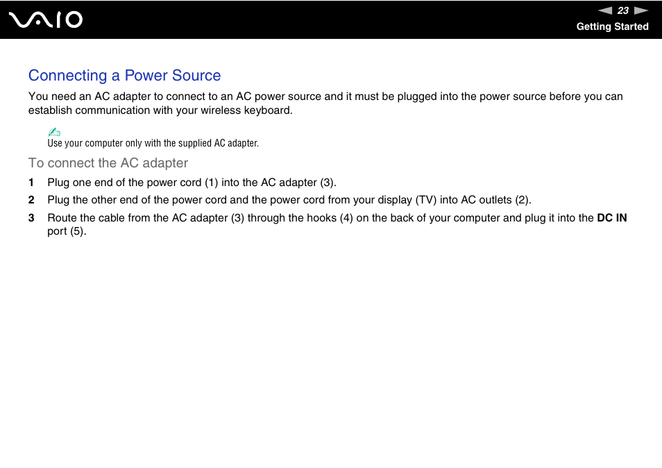 Connecting a power source | Sony VAIO VGX-TP User Manual | Page 23 / 155