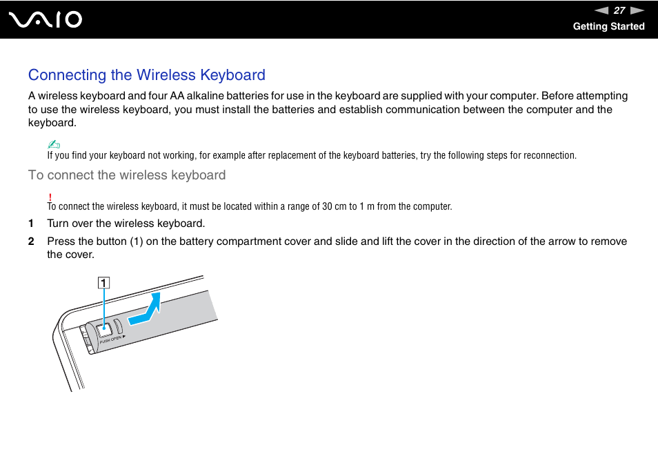 Connecting the wireless keyboard | Sony VAIO VGX-TP User Manual | Page 27 / 155