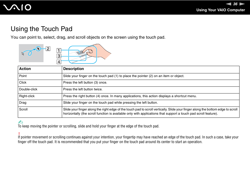 Using the touch pad | Sony VAIO VGX-TP User Manual | Page 36 / 155