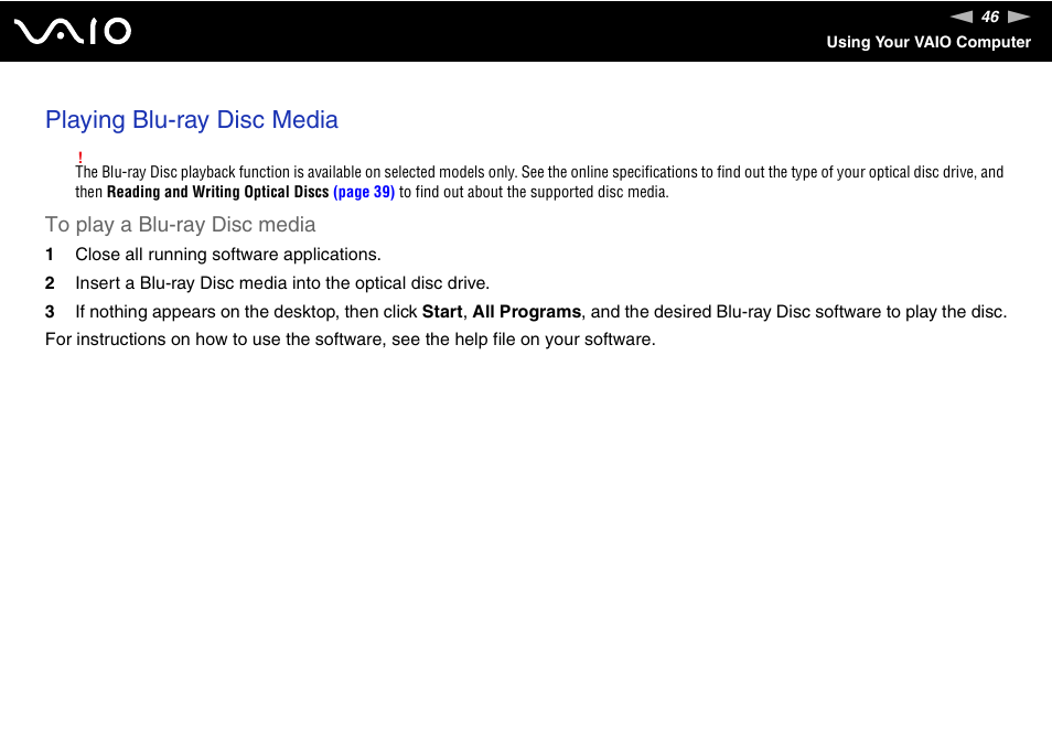 Playing blu-ray disc media | Sony VAIO VGX-TP User Manual | Page 46 / 155