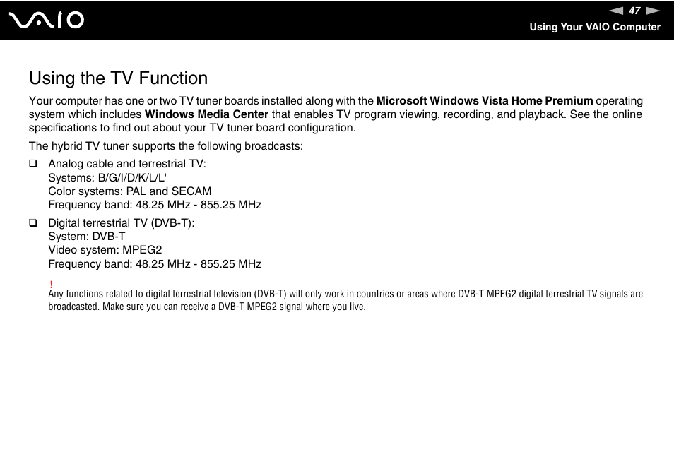 Using the tv function | Sony VAIO VGX-TP User Manual | Page 47 / 155
