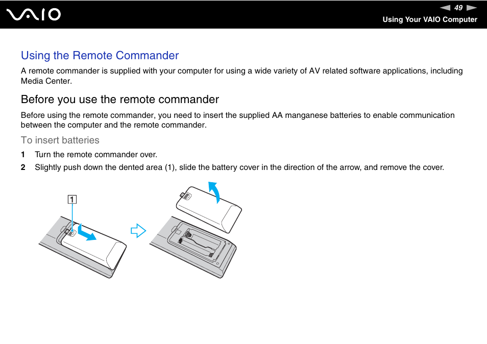 Using the remote commander, Before you use the remote commander | Sony VAIO VGX-TP User Manual | Page 49 / 155