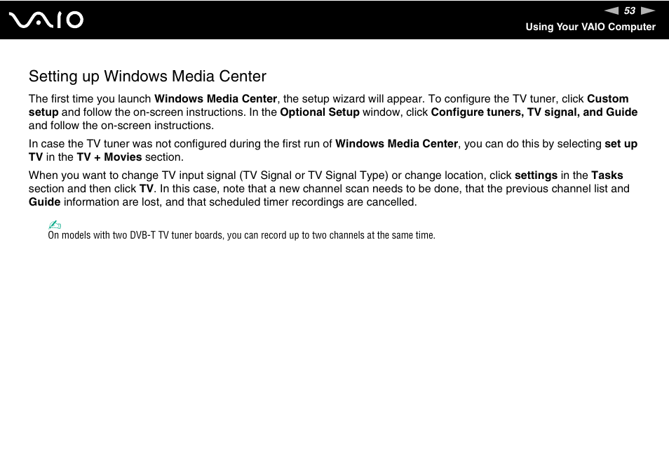 Setting up windows media center | Sony VAIO VGX-TP User Manual | Page 53 / 155