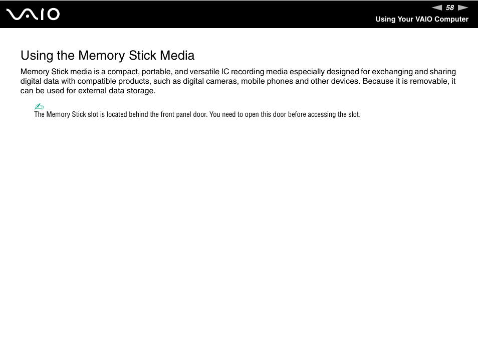 Using the memory stick media | Sony VAIO VGX-TP User Manual | Page 58 / 155