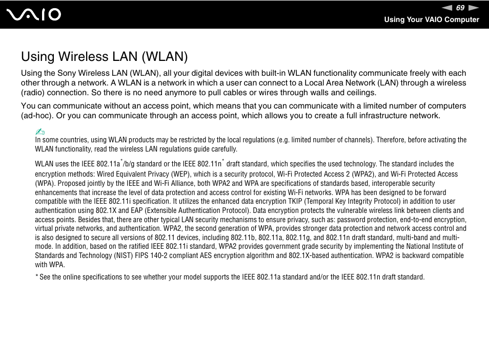 Using wireless lan (wlan), Lan) | Sony VAIO VGX-TP User Manual | Page 69 / 155