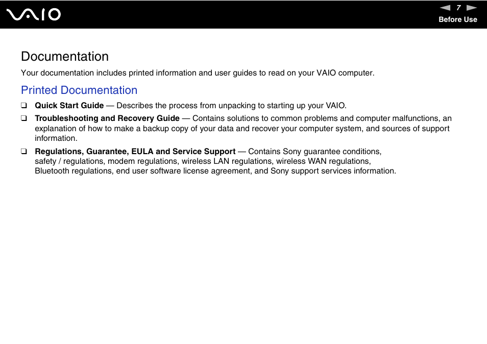Documentation, Printed documentation | Sony VAIO VGX-TP User Manual | Page 7 / 155
