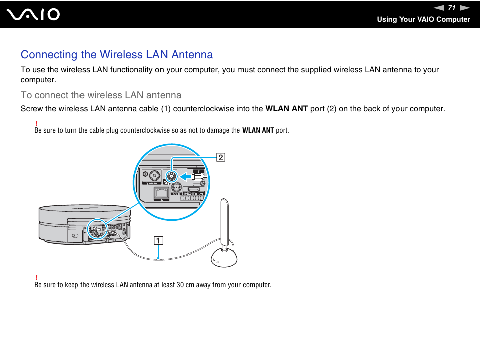 Connecting the wireless lan antenna | Sony VAIO VGX-TP User Manual | Page 71 / 155