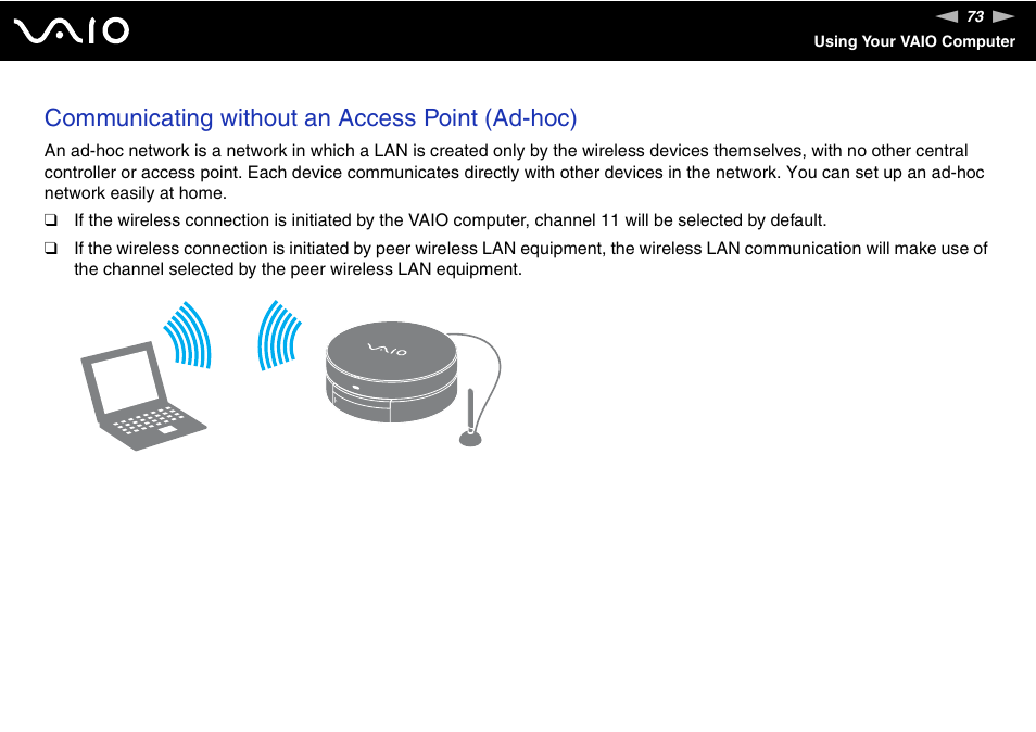 Communicating without an access point (ad-hoc) | Sony VAIO VGX-TP User Manual | Page 73 / 155