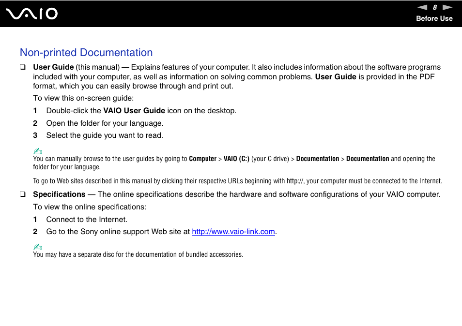 Non-printed documentation | Sony VAIO VGX-TP User Manual | Page 8 / 155
