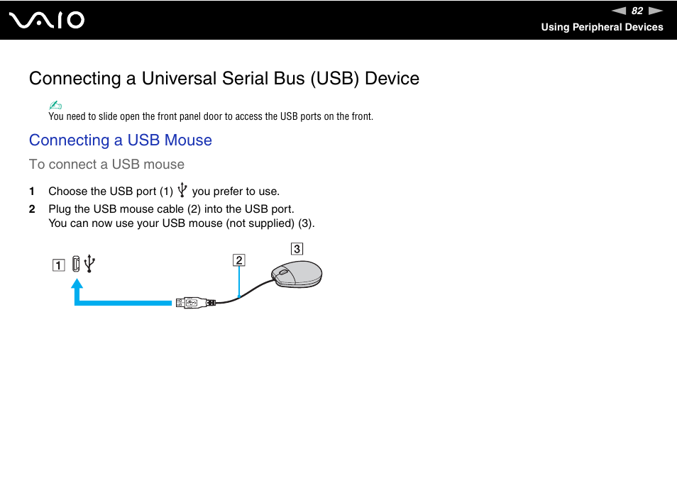 Connecting a universal serial bus (usb) device, Connecting a usb mouse | Sony VAIO VGX-TP User Manual | Page 82 / 155