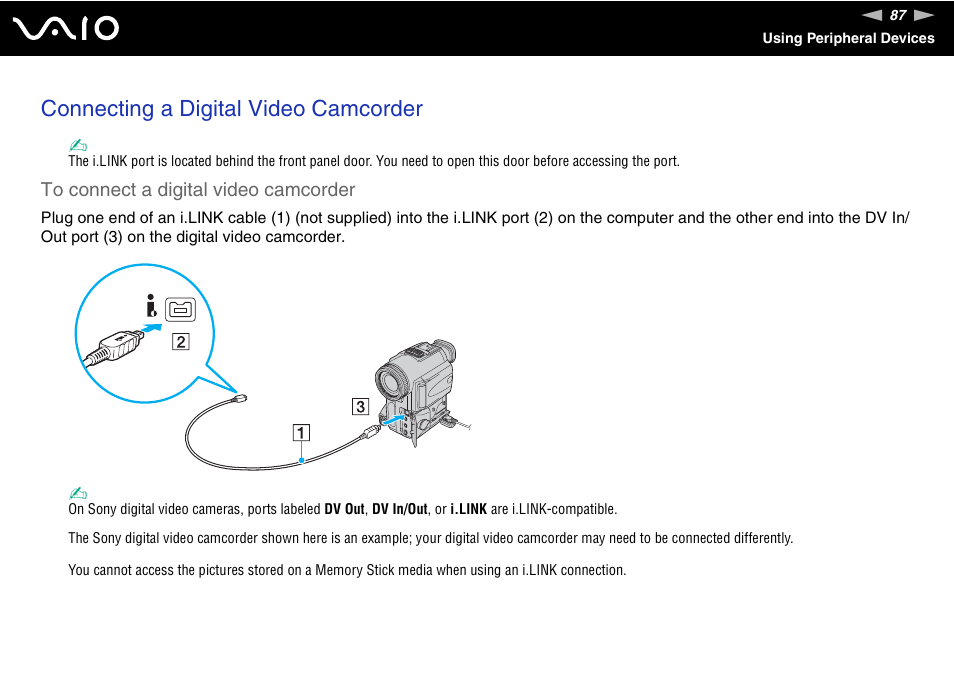 Connecting a digital video camcorder | Sony VAIO VGX-TP User Manual | Page 87 / 155