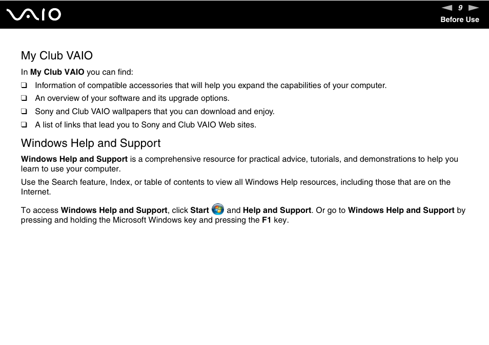 My club vaio, Windows help and support | Sony VAIO VGX-TP User Manual | Page 9 / 155