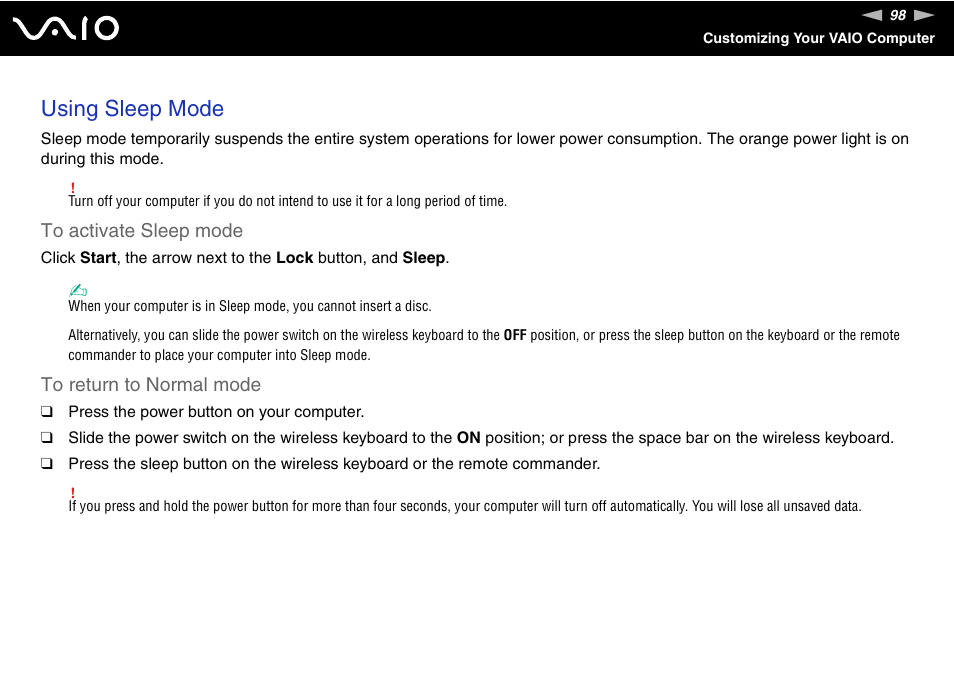 Using sleep mode | Sony VAIO VGX-TP User Manual | Page 98 / 155