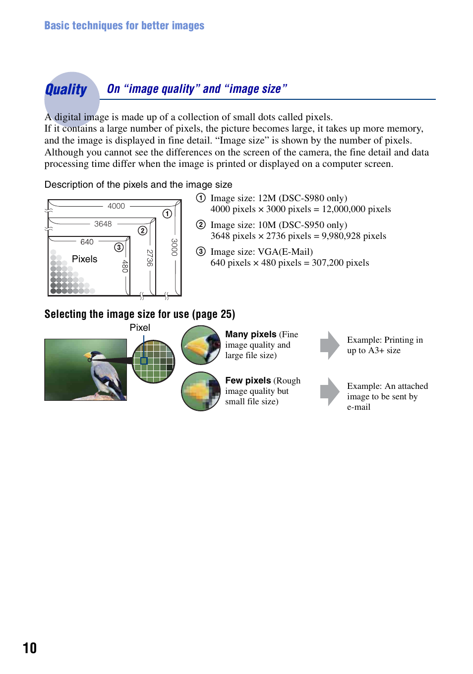 Quality, Quality – on “image quality” and “image size, On “image quality” and “image size | Sony Cyber-shot 4-121-439-11(1) User Manual | Page 10 / 107