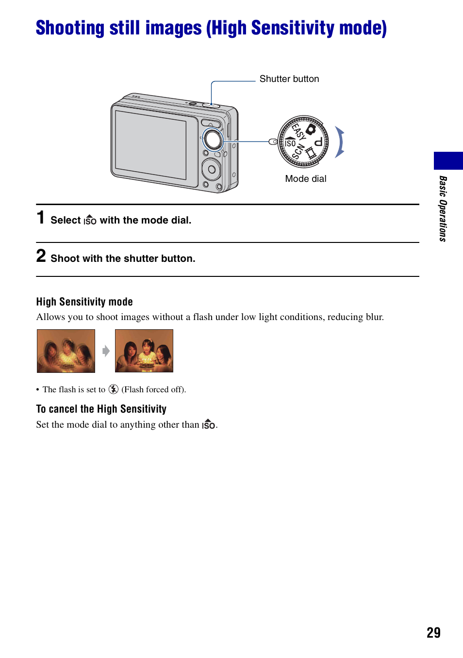 Shooting still images (high sensitivity mode) | Sony Cyber-shot 4-121-439-11(1) User Manual | Page 29 / 107