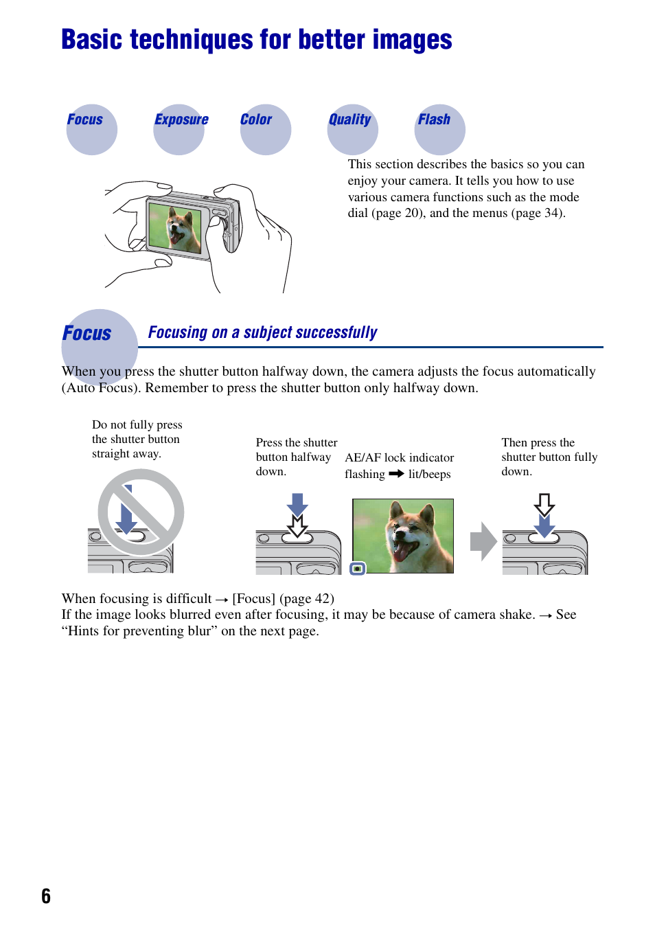 Basic techniques for better images, Focus, Focus – focusing on a subject successfully | Sony Cyber-shot 4-121-439-11(1) User Manual | Page 6 / 107