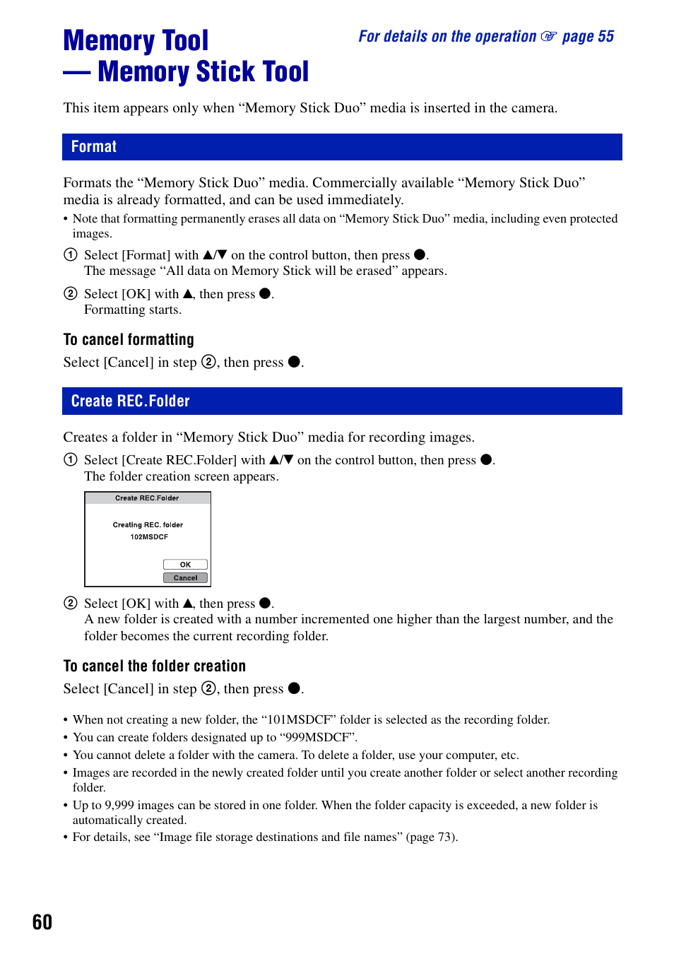 Memory tool - memory stick tool, Format, Create rec.folder | Memory tool — memory stick tool, Format create rec.folder | Sony Cyber-shot 4-121-439-11(1) User Manual | Page 60 / 107