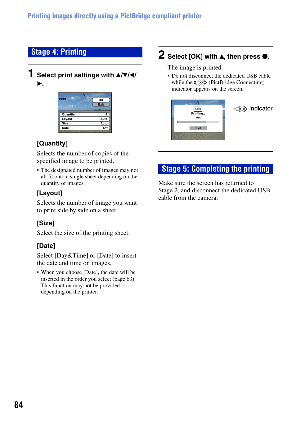 Stage 4: printing stage 5: completing the printing | Sony Cyber-shot 4-121-439-11(1) User Manual | Page 84 / 107