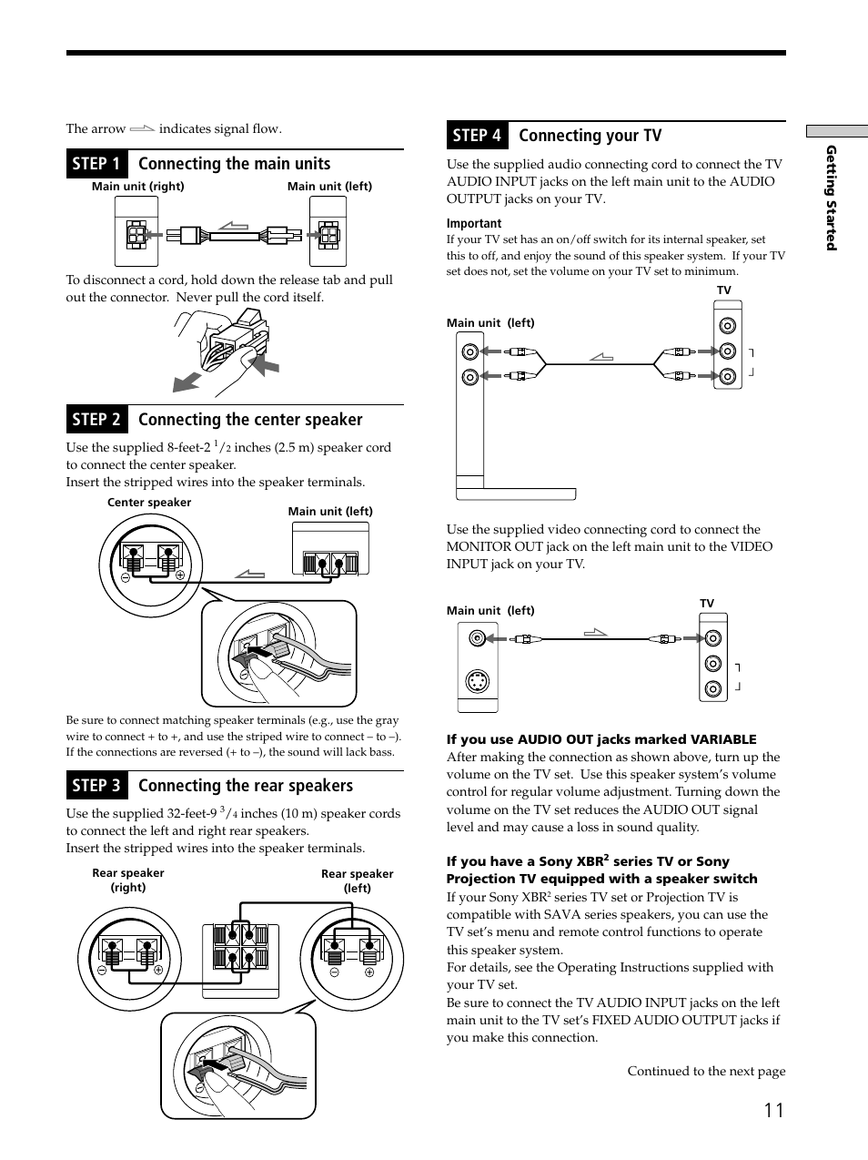 Step 1 connecting the main units, Step 2 connecting the center speaker, Step 3 connecting the rear speakers | Step 4 connecting your tv | Sony SAVA-D900 User Manual | Page 11 / 80