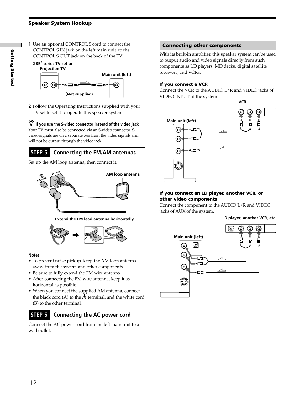 Step 5 connecting the fm/am antennas, Step 6 connecting the ac power cord, Connecting other components | Speaker system hookup | Sony SAVA-D900 User Manual | Page 12 / 80