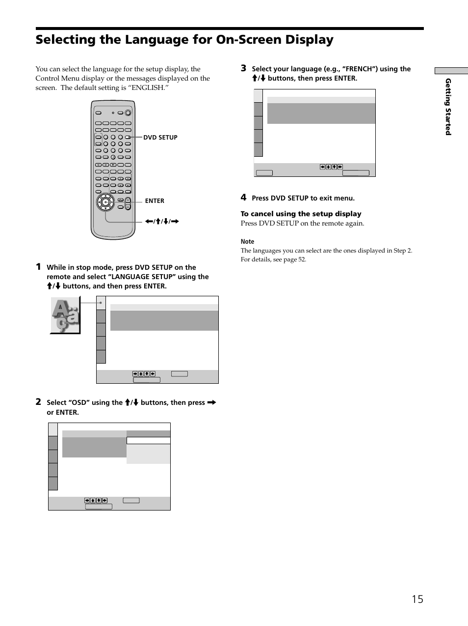 Selecting the language for on-screen display 15, Selecting the language for on-screen display | Sony SAVA-D900 User Manual | Page 15 / 80