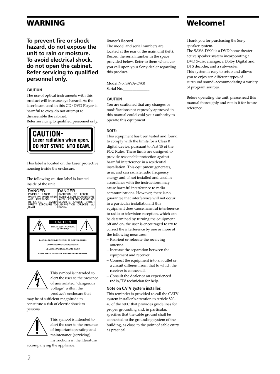 Warning, Welcome | Sony SAVA-D900 User Manual | Page 2 / 80