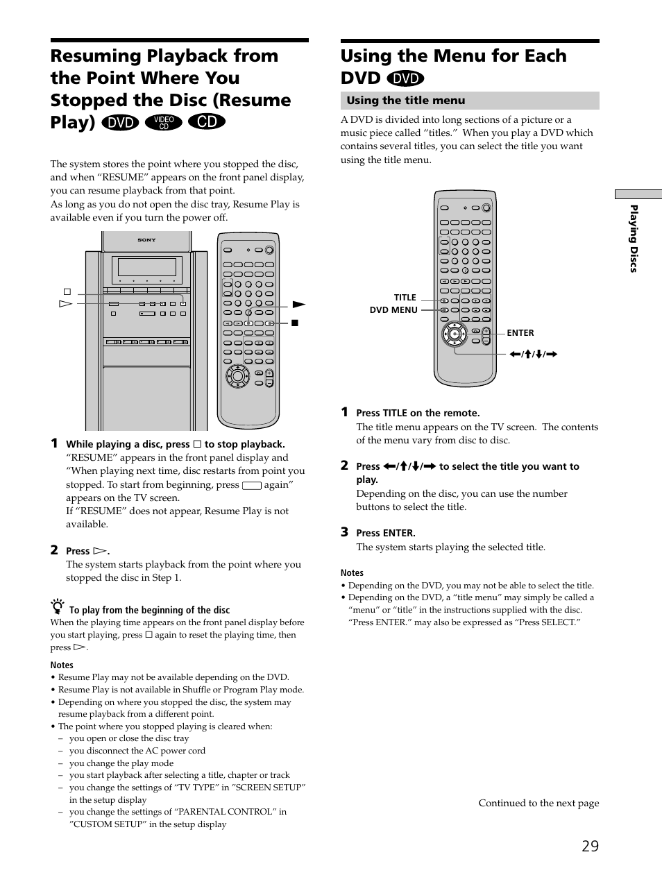 Using the menu for each dvd 29, Using the menu for each dvd, Using the title menu | Sony SAVA-D900 User Manual | Page 29 / 80