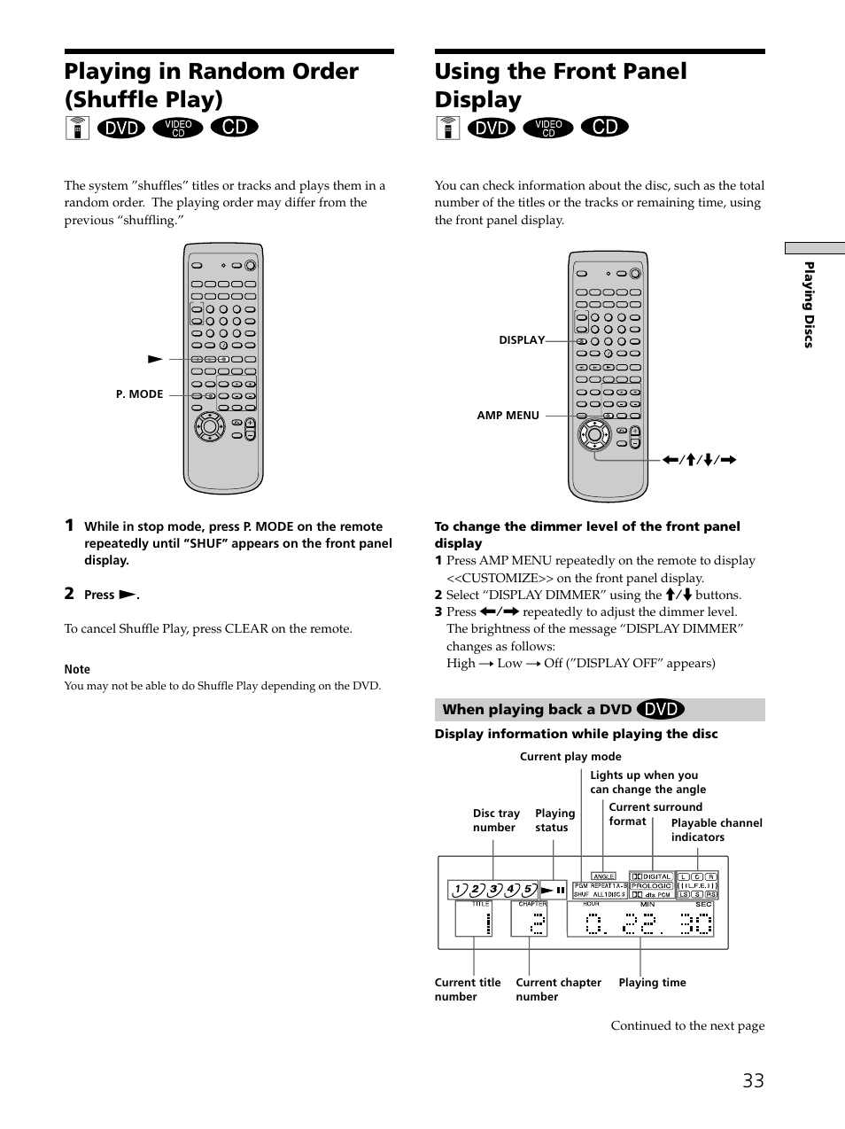 Playing in random order (shuffle play) 33, Using the front panel display 33, Playing in random order (shuffle play) z | Using the front panel display z, When playing back a dvd | Sony SAVA-D900 User Manual | Page 33 / 80