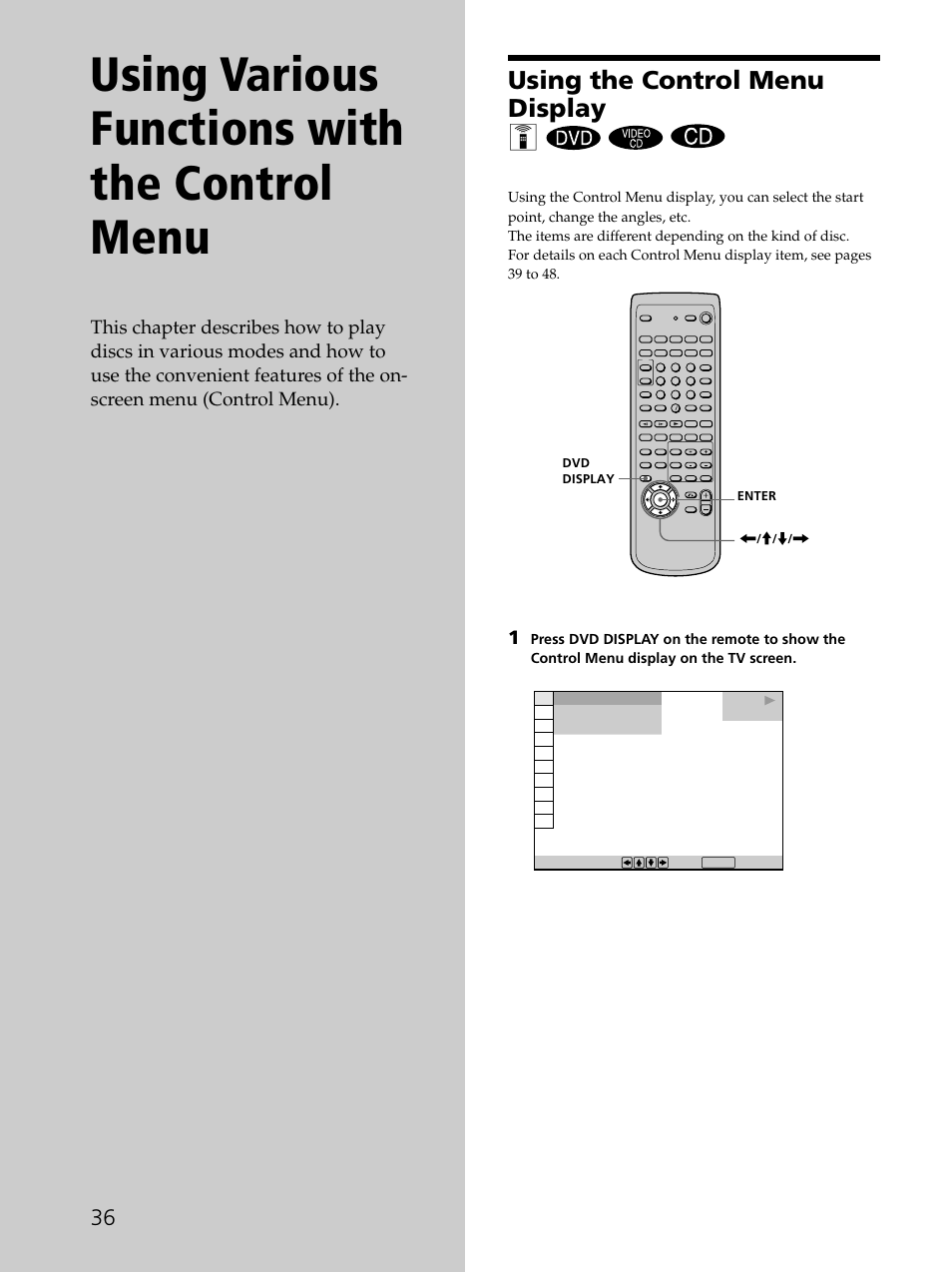 Using various functions with the control menu 36, Using the control menu display 36, Using various functions with the control menu | Using the control menu display z | Sony SAVA-D900 User Manual | Page 36 / 80