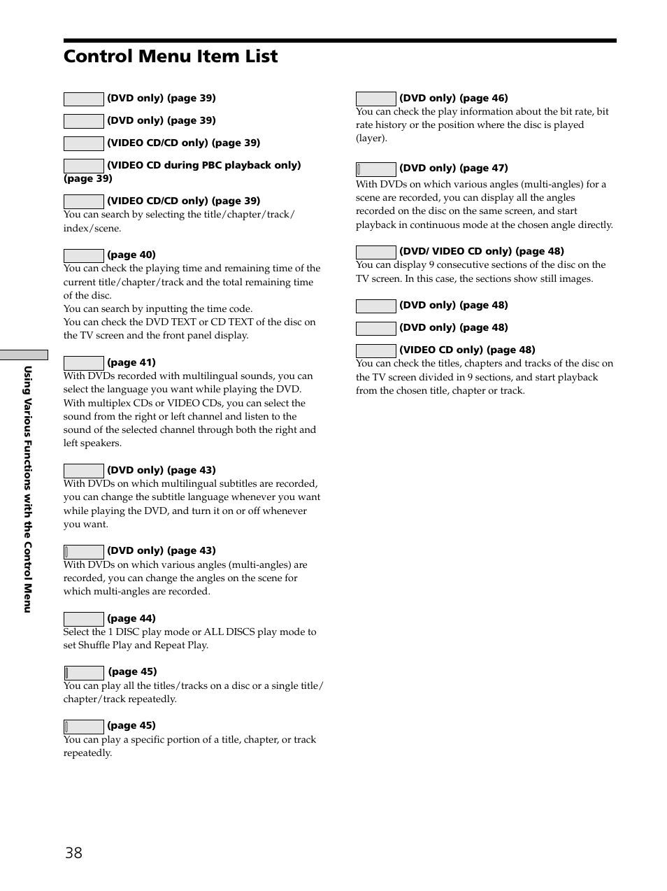 Control menu item list 38, Control menu item list | Sony SAVA-D900 User Manual | Page 38 / 80