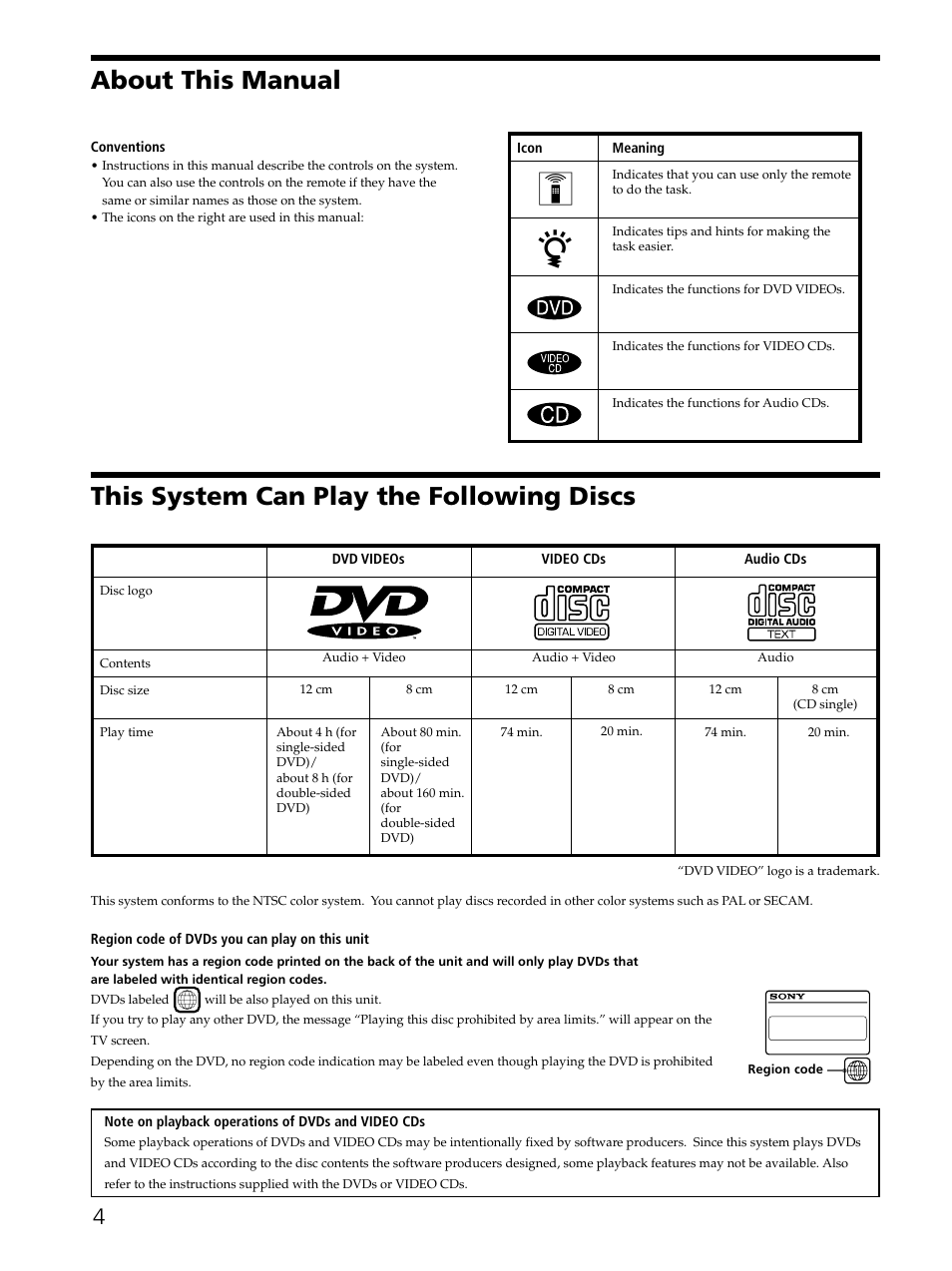 About this manual 4, This system can play the following discs 4, This system can play the following discs | About this manual | Sony SAVA-D900 User Manual | Page 4 / 80