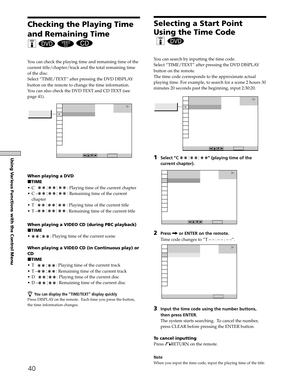 Checking the playing time and remaining time 40, Selecting a start point using the time code 40, Checking the playing time and remaining time z | Selecting a start point using the time code z | Sony SAVA-D900 User Manual | Page 40 / 80