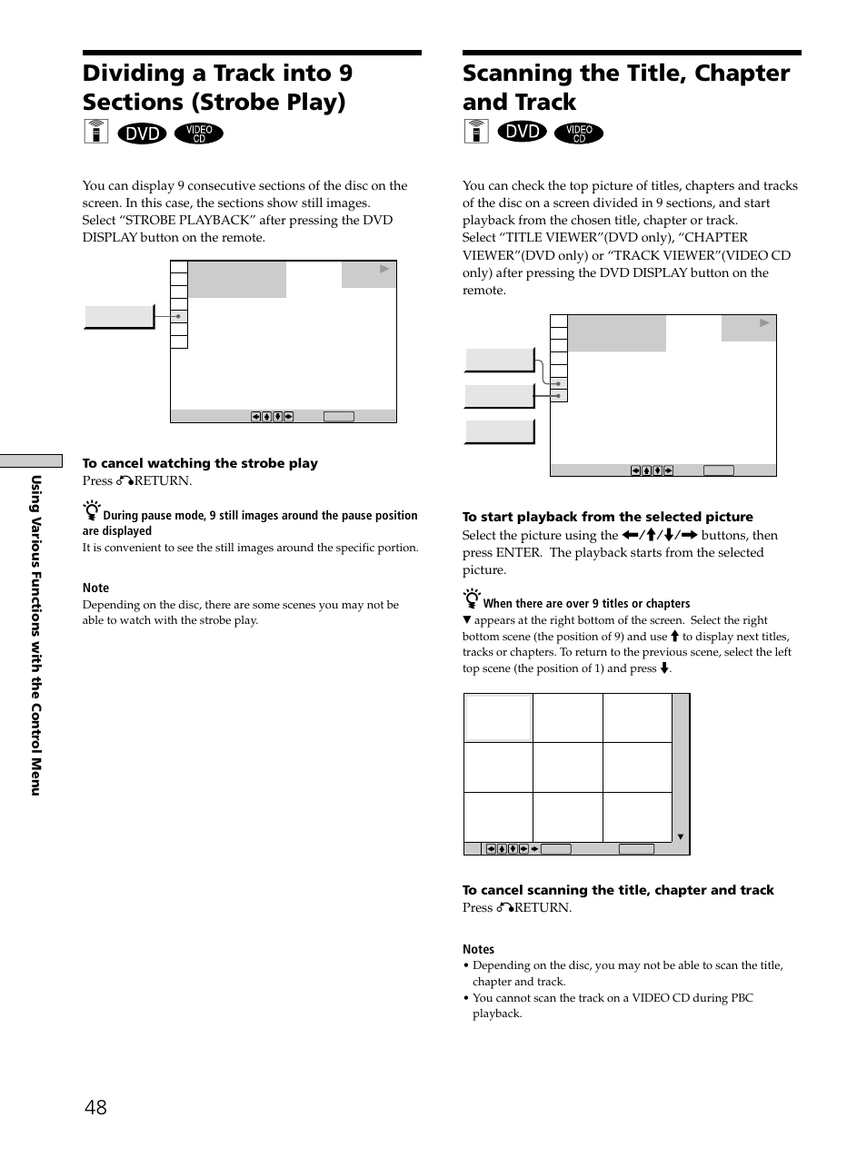 Dividing a track into 9 sections (strobe play) 48, Scanning the title, chapter and track 48, Scanning the title, chapter and track z | Sony SAVA-D900 User Manual | Page 48 / 80