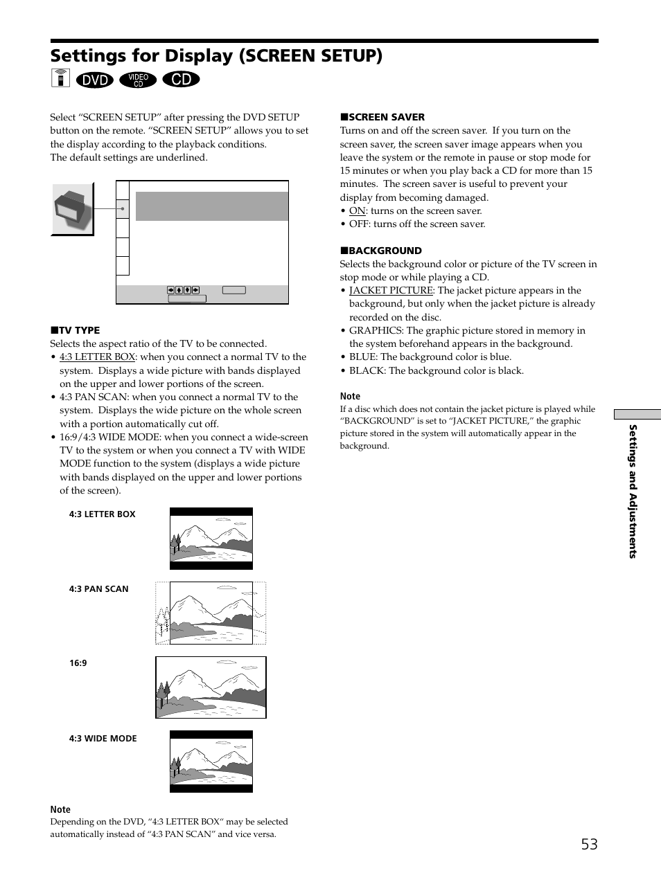 Settings for display (screen setup) 53, Settings for display (screen setup) z | Sony SAVA-D900 User Manual | Page 53 / 80