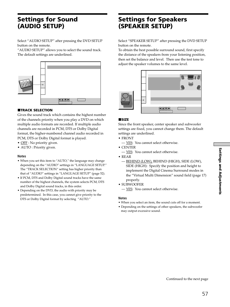 Settings for sound (audio setup) 57, Settings for speakers (speaker setup) 57, Settings for sound (audio setup) | Settings for speakers (speaker setup) | Sony SAVA-D900 User Manual | Page 57 / 80