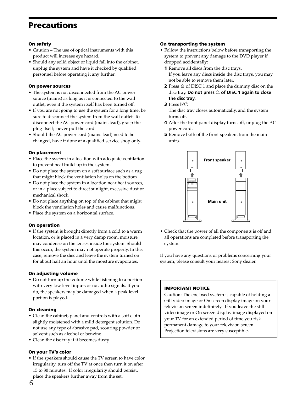 Precautions 6, Precautions | Sony SAVA-D900 User Manual | Page 6 / 80