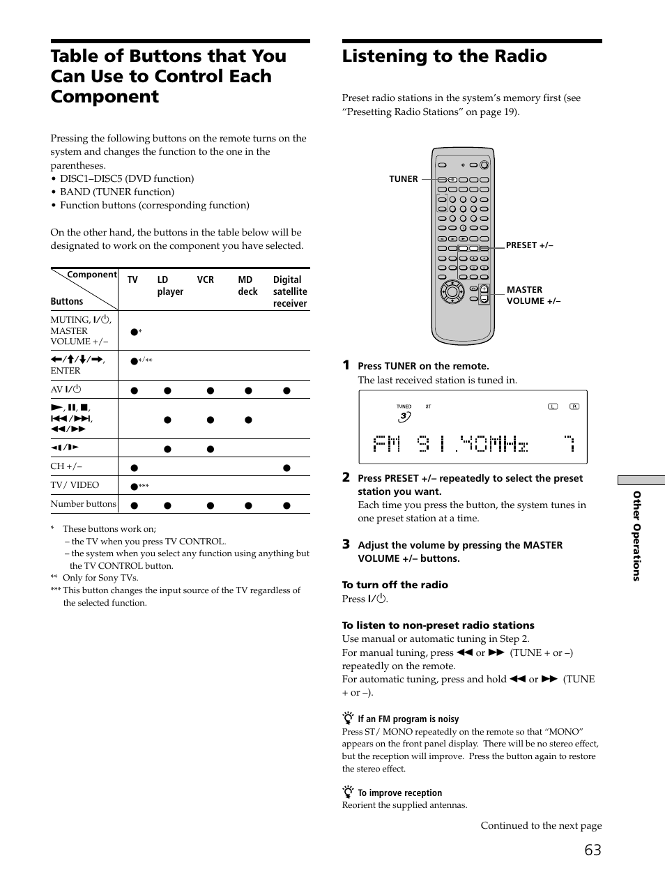 Listening to the radio 63, Listening to the radio | Sony SAVA-D900 User Manual | Page 63 / 80
