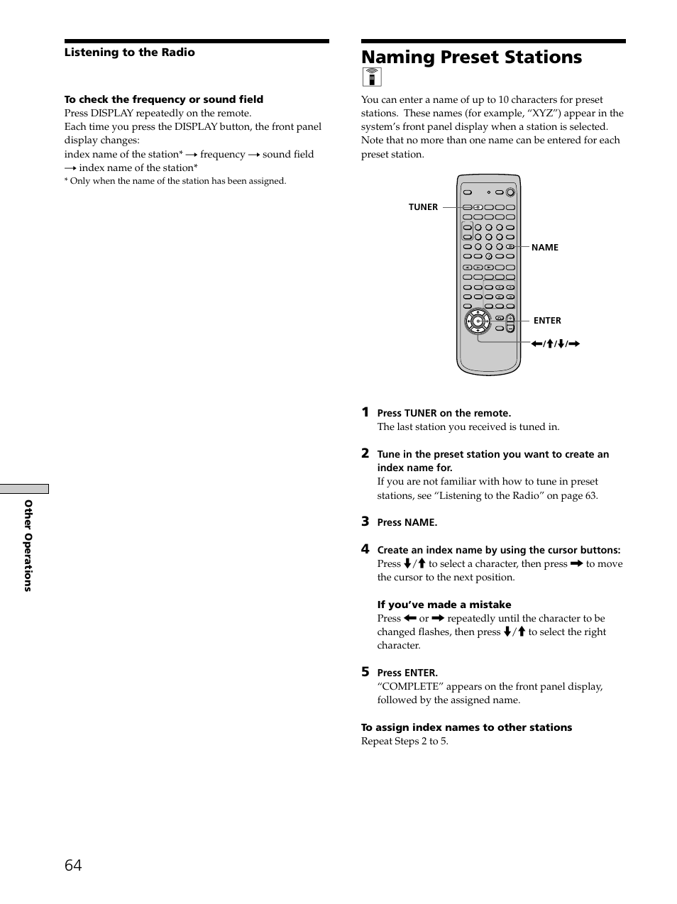 Naming preset stations 64, Naming preset stations z, Listening to the radio | Sony SAVA-D900 User Manual | Page 64 / 80