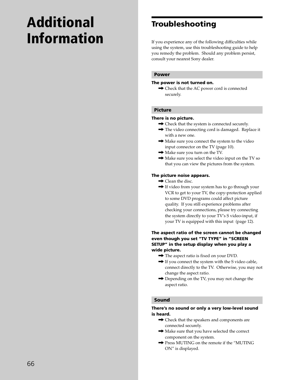 Additional information 66, Troubleshooting 66, Additional information | Troubleshooting | Sony SAVA-D900 User Manual | Page 66 / 80