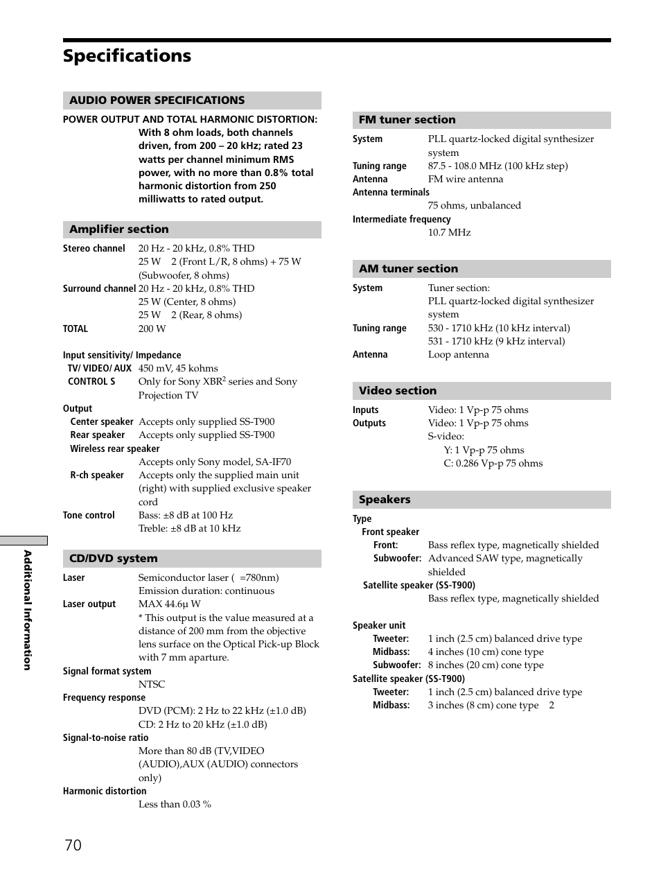Specifications 70, Specifications | Sony SAVA-D900 User Manual | Page 70 / 80