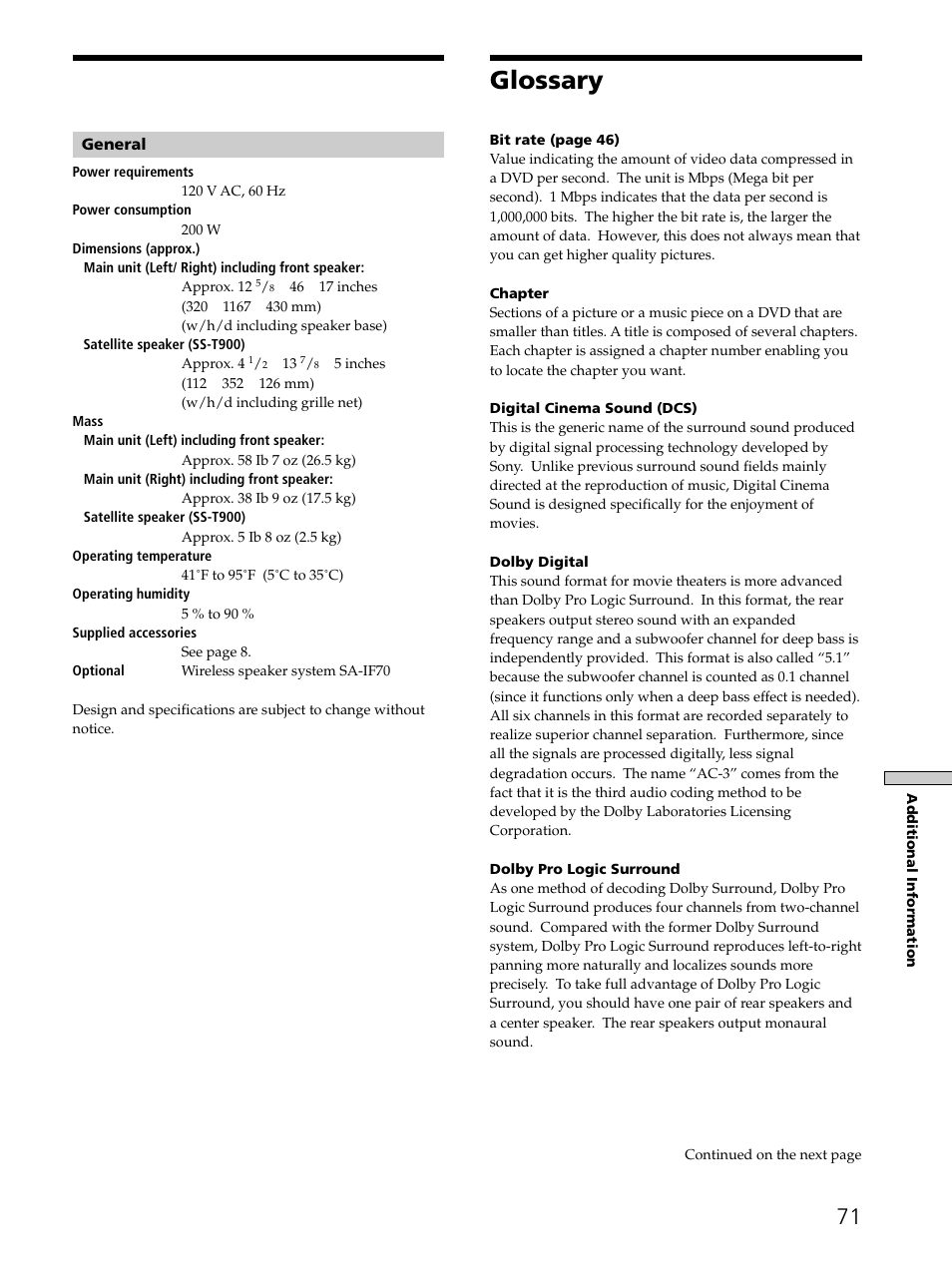 Glossary 71, Glossary | Sony SAVA-D900 User Manual | Page 71 / 80