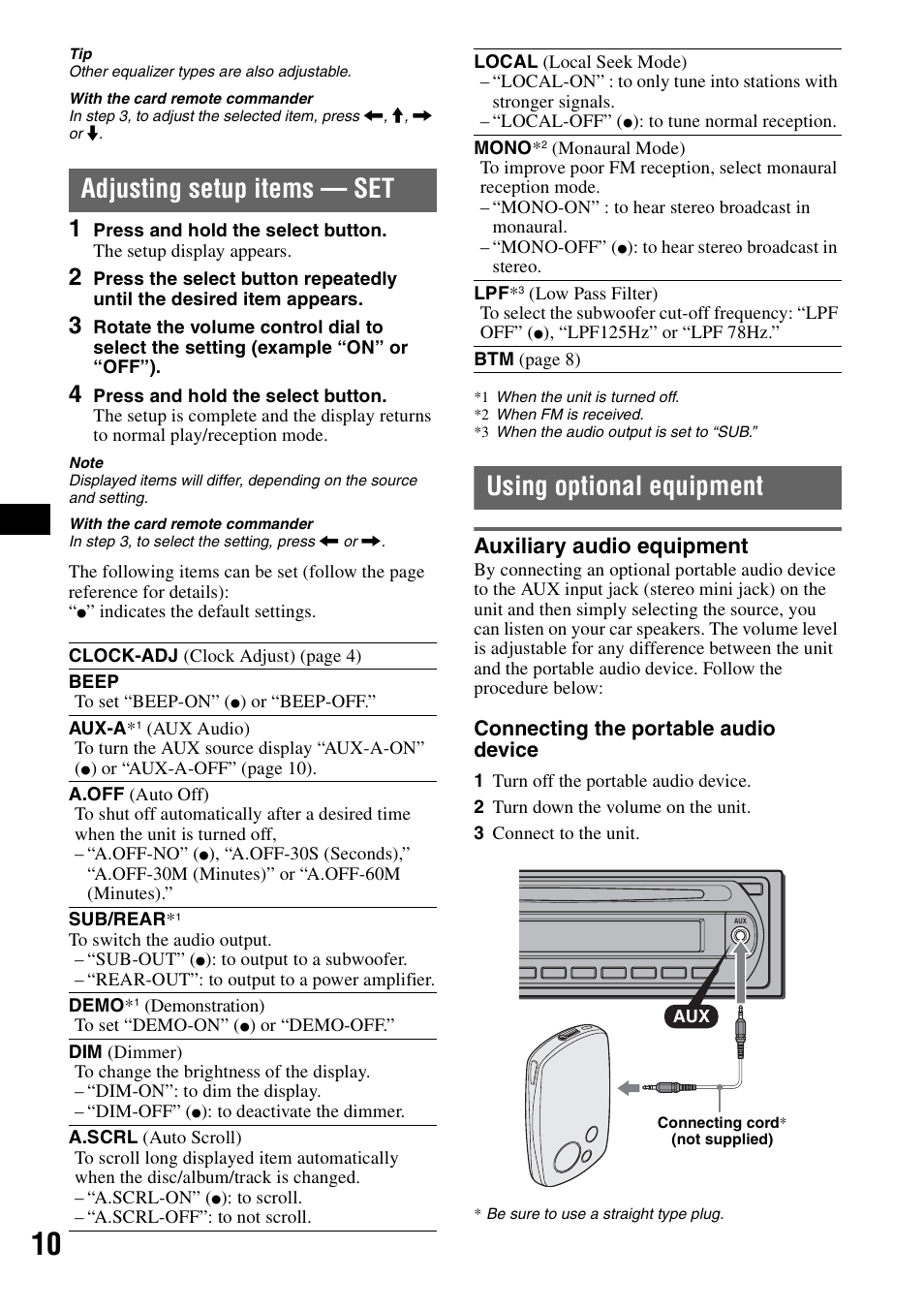 Adjusting setup items - set, Using optional equipment, Auxiliary audio equipment | Adjusting setup items — set, Connecting the portable audio device | Sony CDX-GT31W User Manual | Page 10 / 36
