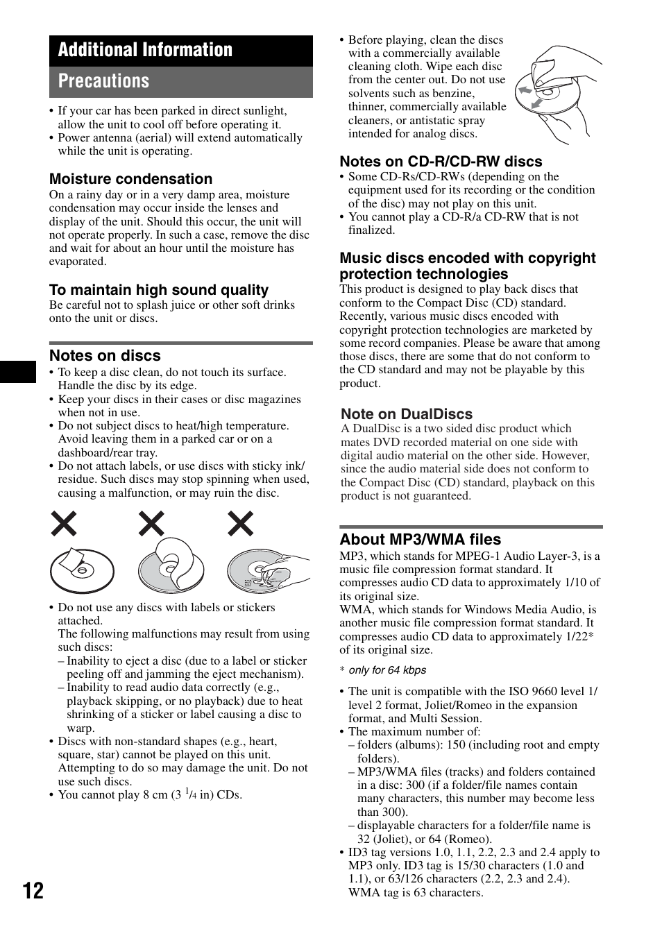 Additional information, Precautions, Notes on discs | About mp3/wma files, Notes on discs about mp3/wma files, Additional information precautions | Sony CDX-GT31W User Manual | Page 12 / 36