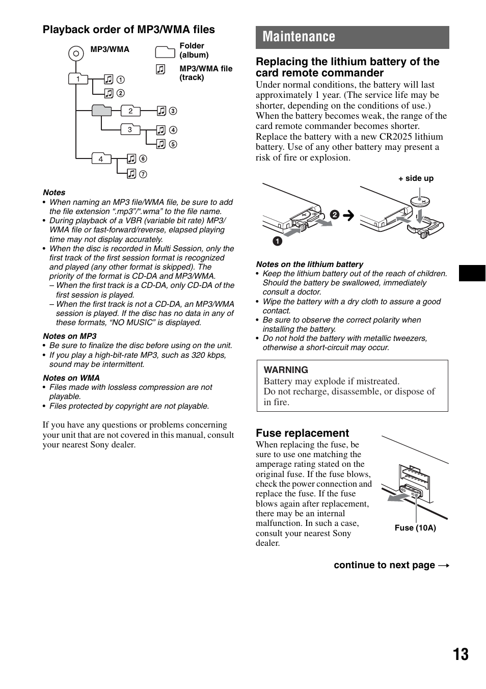 Maintenance, Playback order of mp3/wma files, Fuse replacement | Sony CDX-GT31W User Manual | Page 13 / 36