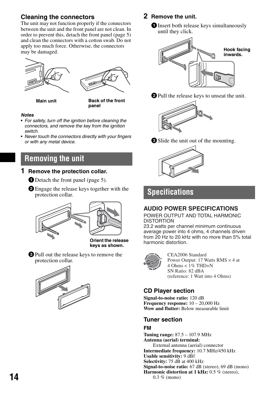 Removing the unit, Specifications, Removing the unit specifications | Sony CDX-GT31W User Manual | Page 14 / 36