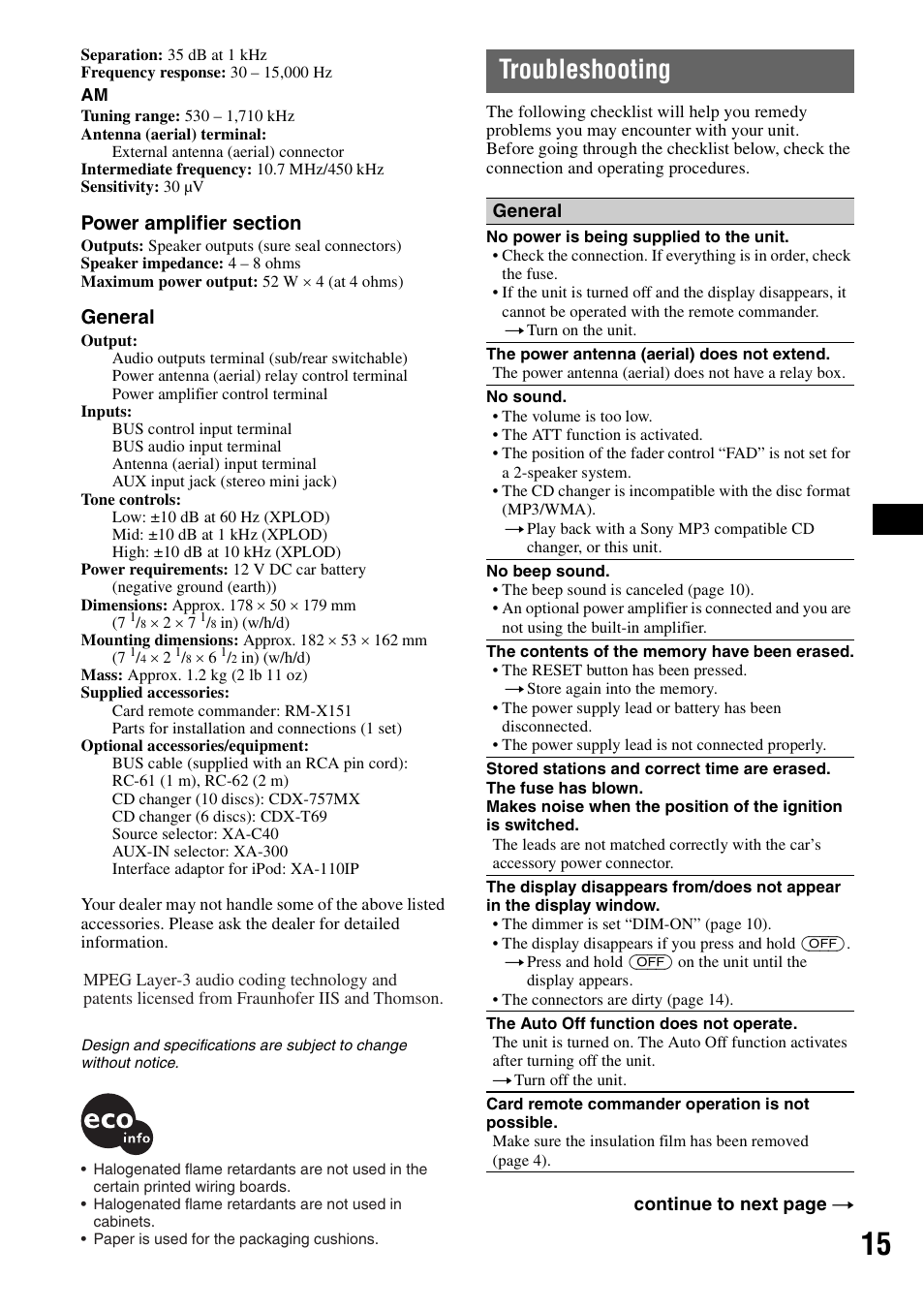 Troubleshooting, General | Sony CDX-GT31W User Manual | Page 15 / 36