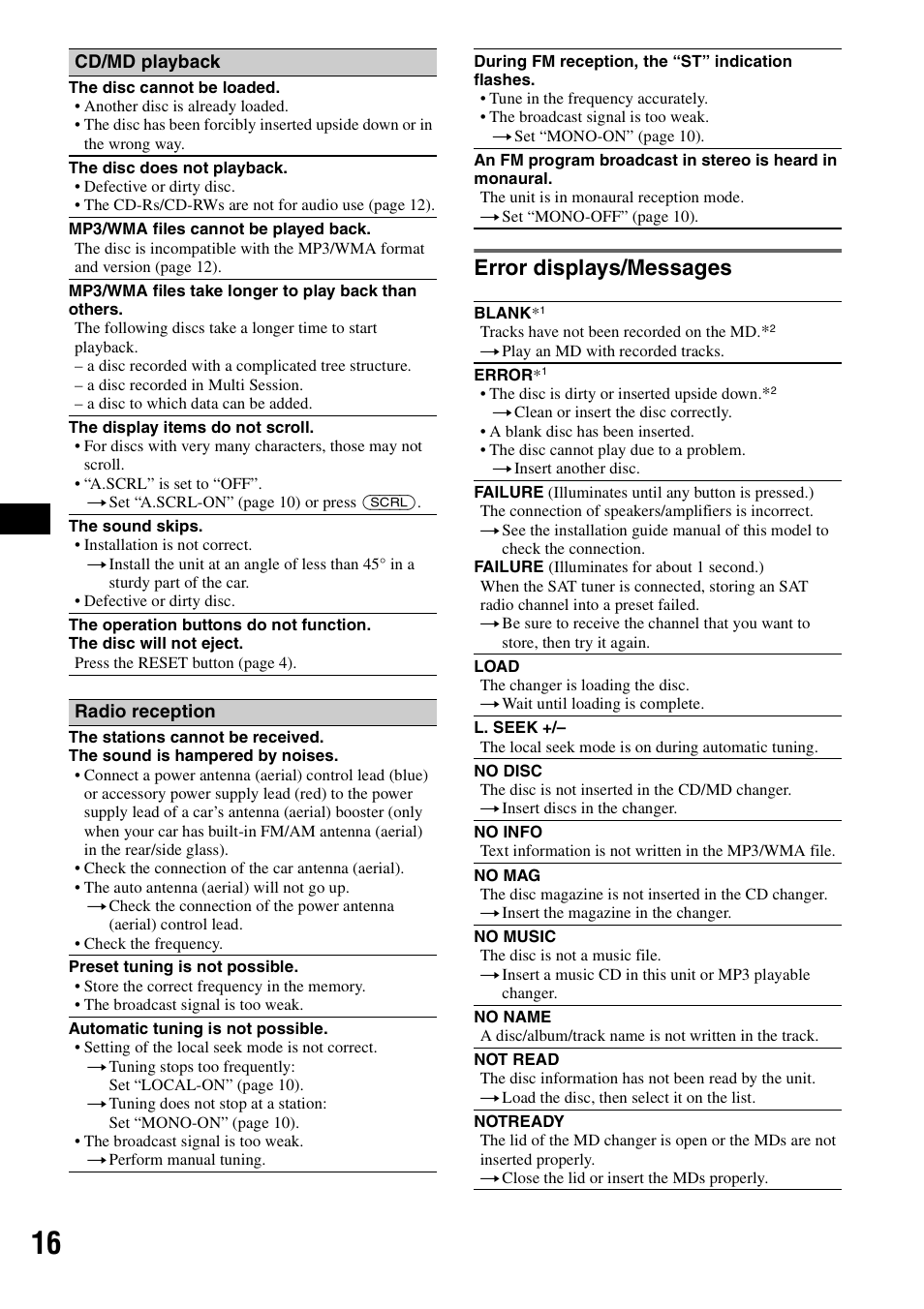 Error displays/messages | Sony CDX-GT31W User Manual | Page 16 / 36