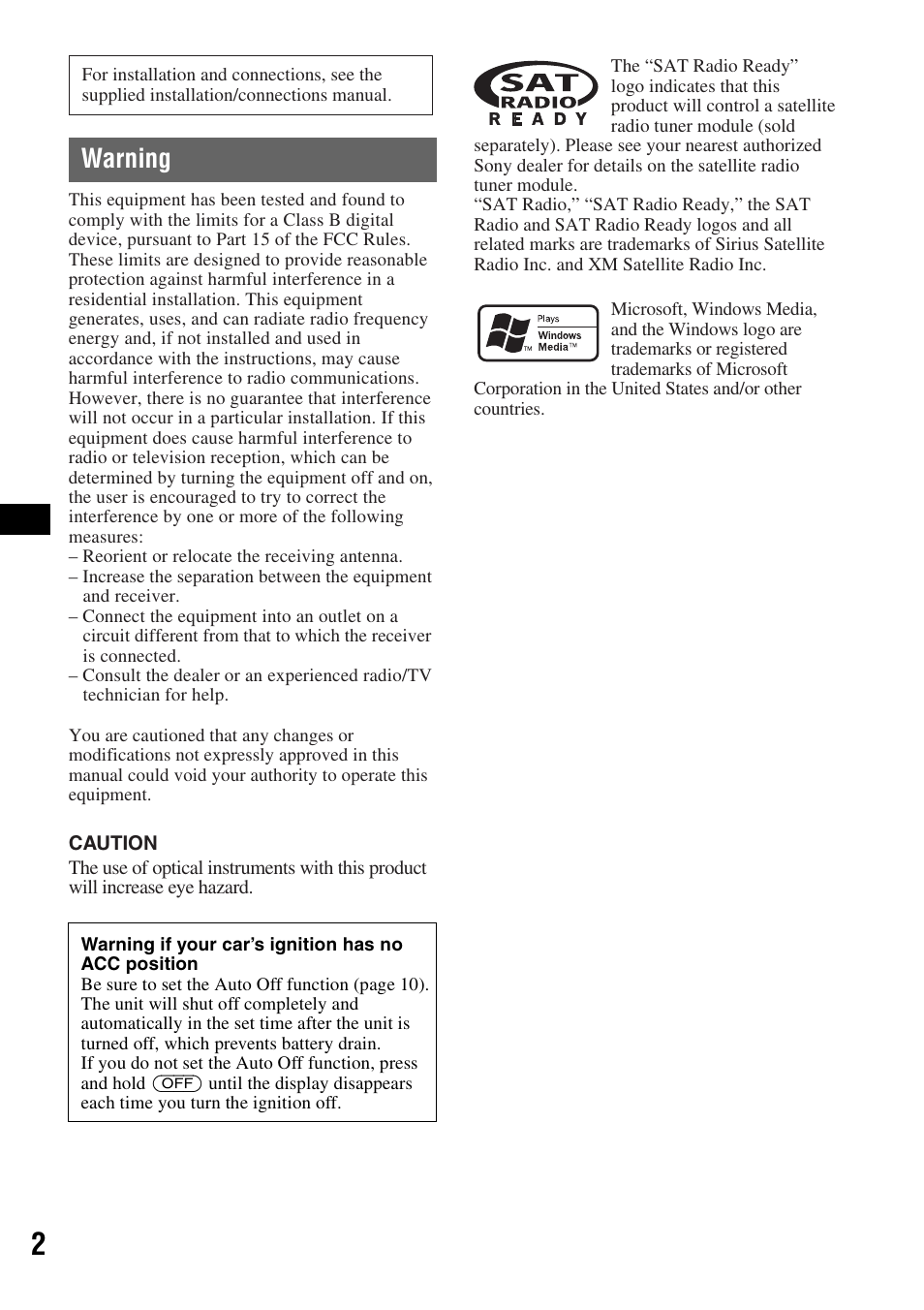 Warning | Sony CDX-GT31W User Manual | Page 2 / 36