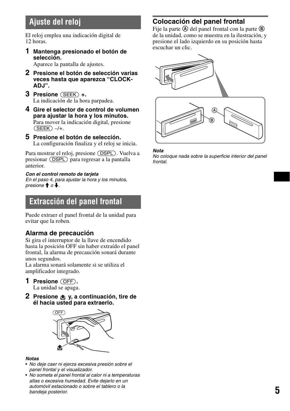 Ajuste del reloj, Extracción del panel frontal, Colocación del panel frontal | Ajuste del reloj extracción del panel frontal | Sony CDX-GT31W User Manual | Page 21 / 36