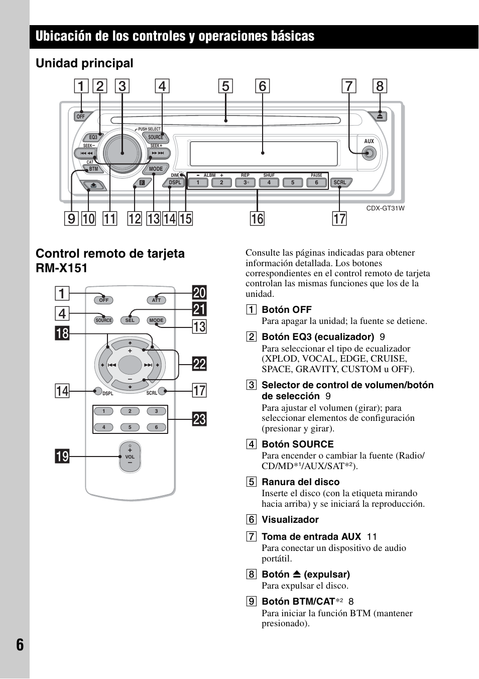 Ubicación de los controles y operaciones básicas, Unidad principal, Control remoto de tarjeta rm-x151 | Unidad principal control remoto de tarjeta rm-x151, Qa qd q; 9 qs qfqg, 4wa qd 1 qj qk qf w; ql wd ws | Sony CDX-GT31W User Manual | Page 22 / 36